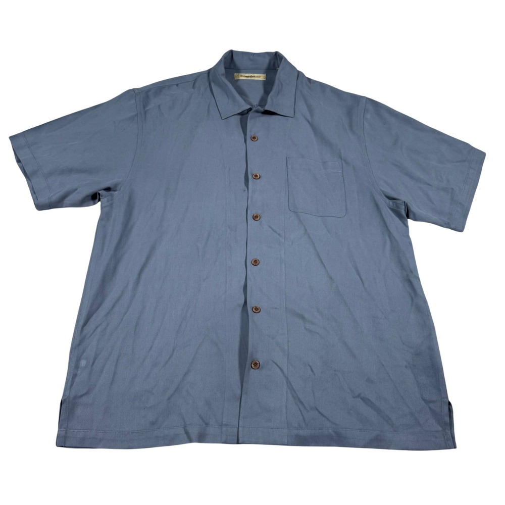 Tommy Bahama Silk Shirt Mens XL Blue Herringbone Short Sleeve Button Up Camp